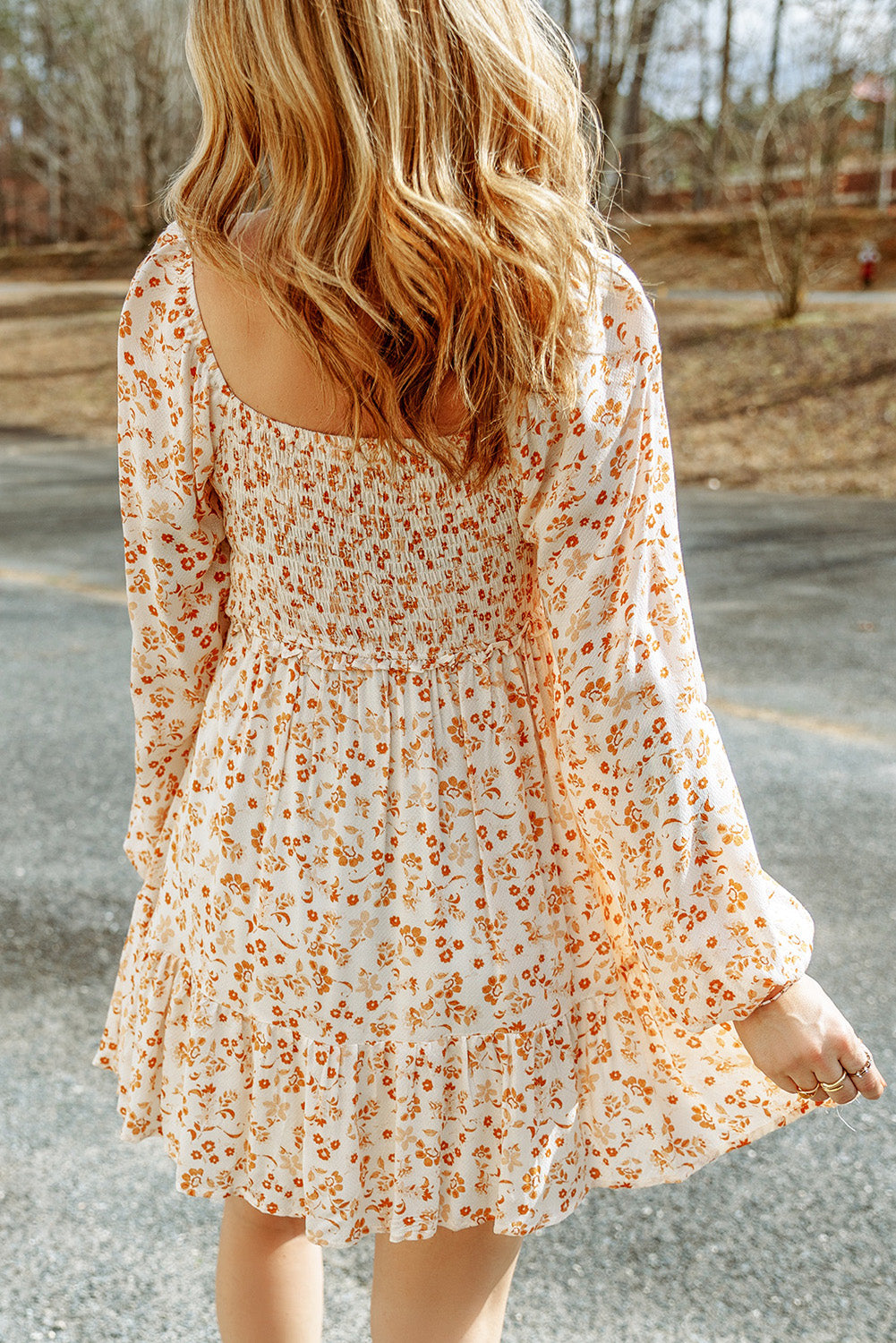 Apricot Boho Floral Smocked Puff Sleeve Mini Dress