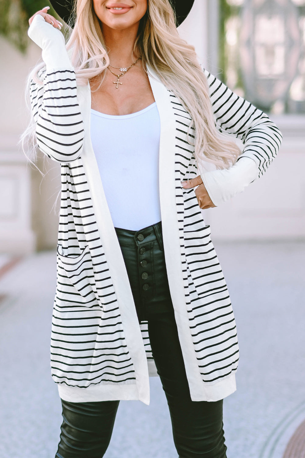 White Striped Side Pockets Open Front Cardigan