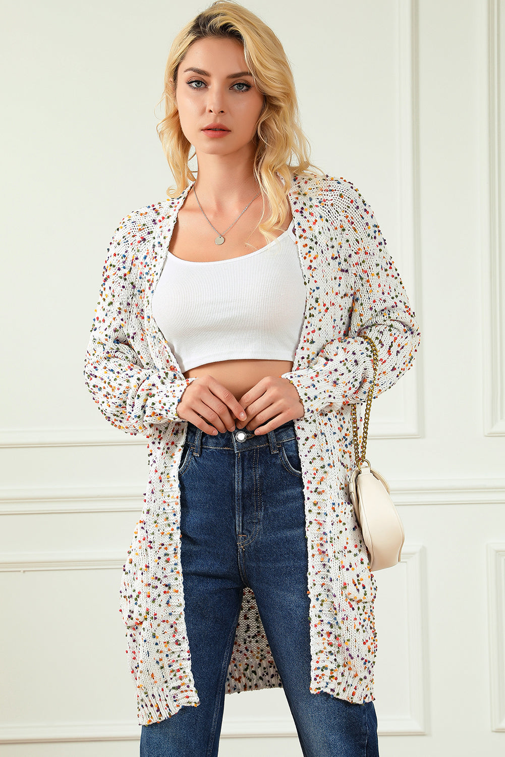 White Rainbow Popcorn Speckles Open Front Cardigan