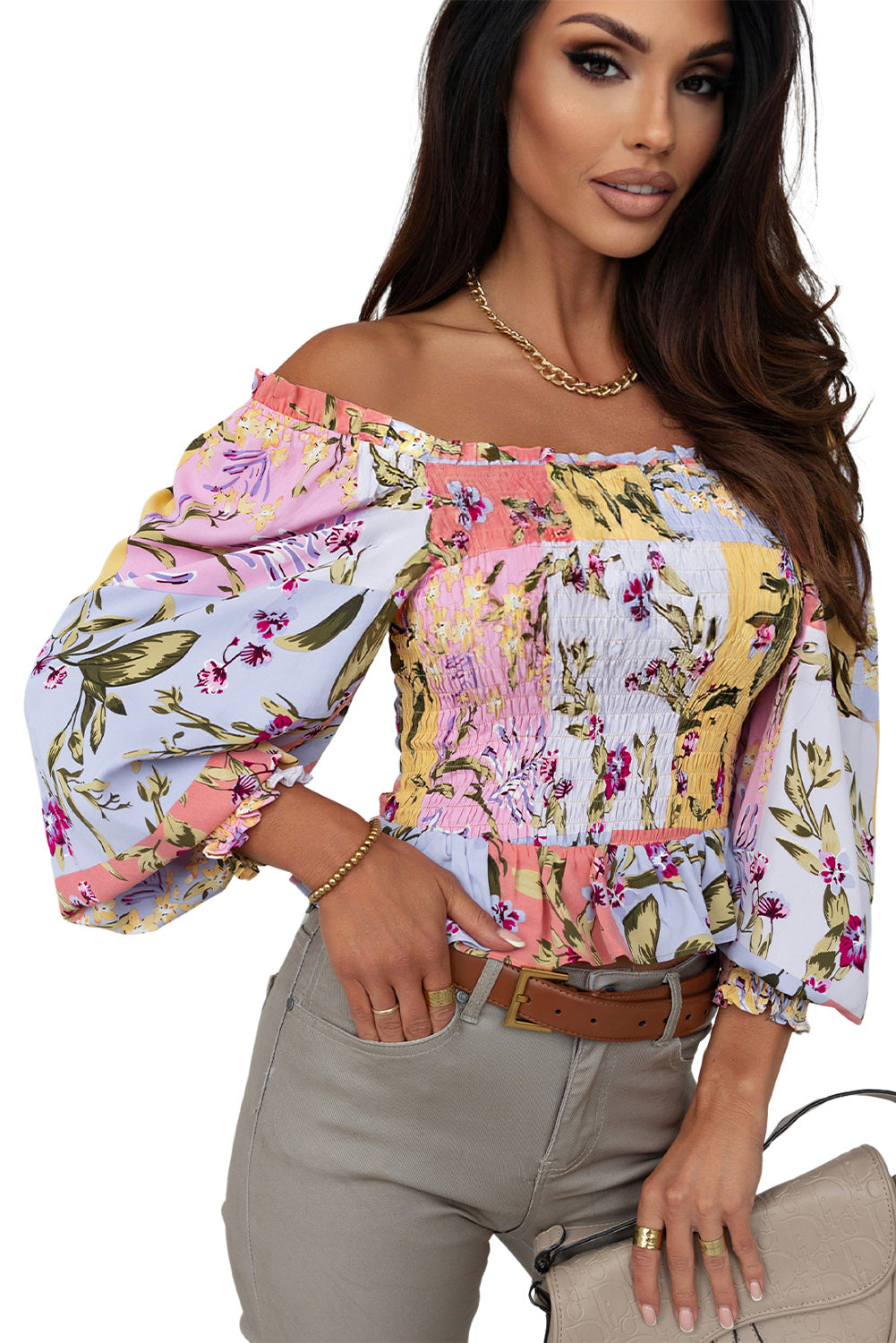 Multicolor Smocked Floral Frilled Trim Square Neck Blouse