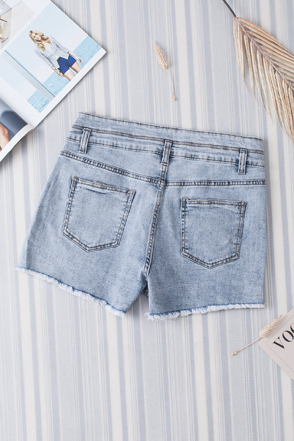 Sky Blue Diamond Studded Vintage Wash Denim Shorts