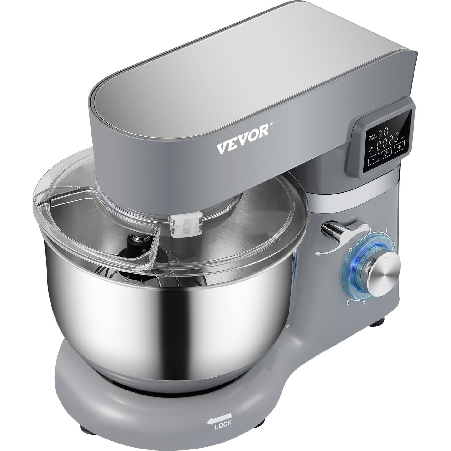 VEVOR Stand Mixer, 660W Electric Dough Mixer with 6 Speeds LCD Screen Timing, Tilt-Head Food Mixer with 5.8 Qt Stainless Steel Bowl, Dough Hook, Flat Beater, Whisk, Scraper, Splash-Proof Cover - Gray