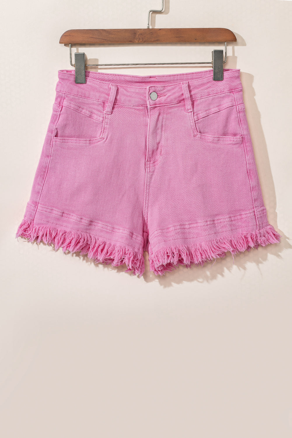 Pink Frayed Edge Mid Rise Denim Shorts