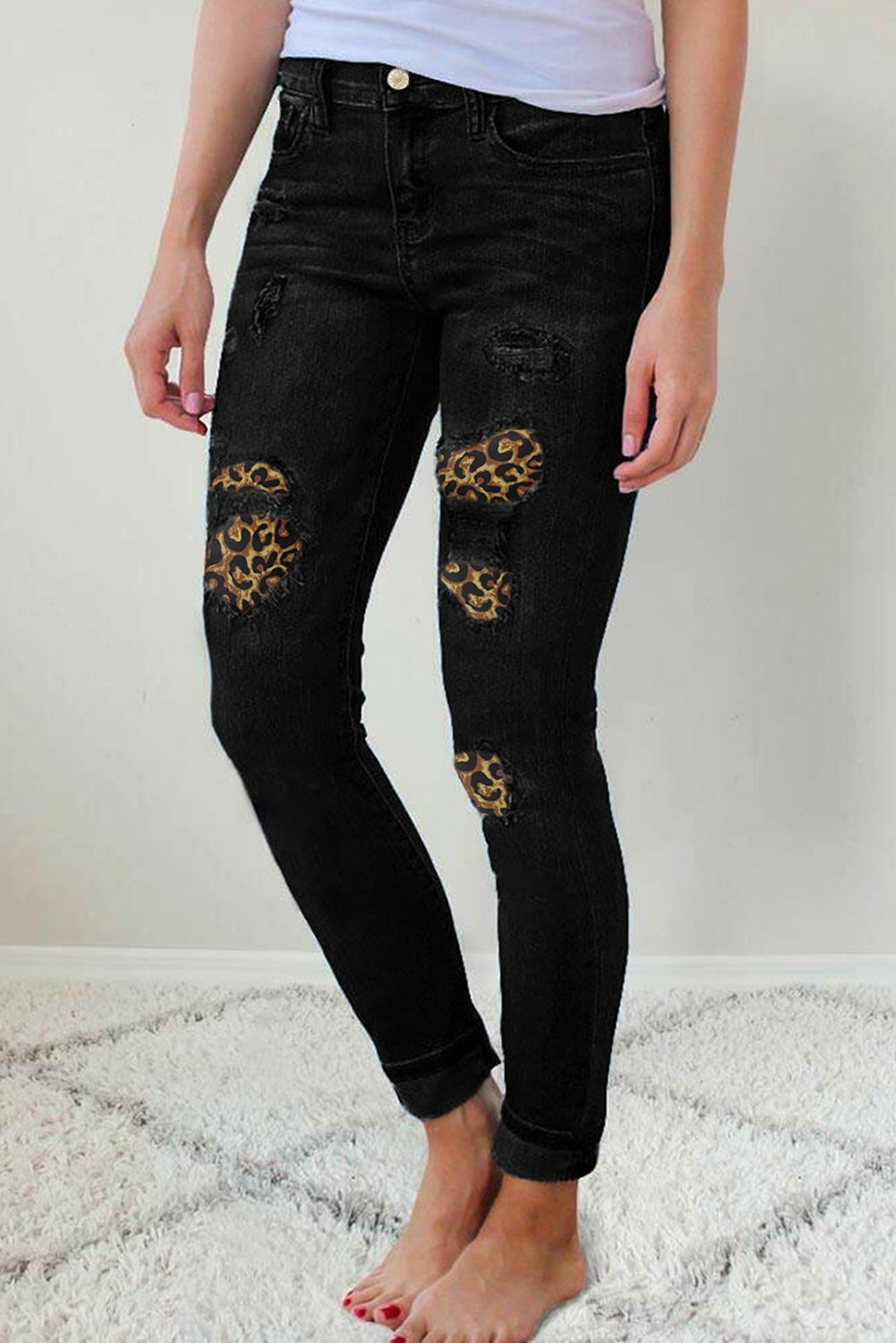 Ripped Leopard Patch Pocket High Waist Skinny Jeans