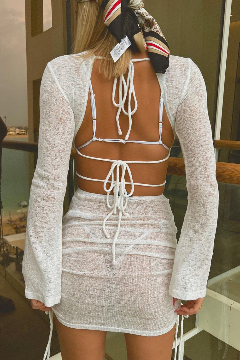 White Strappy Tie Back Cutout Sheer Knit Bell Sleeve Cover Up