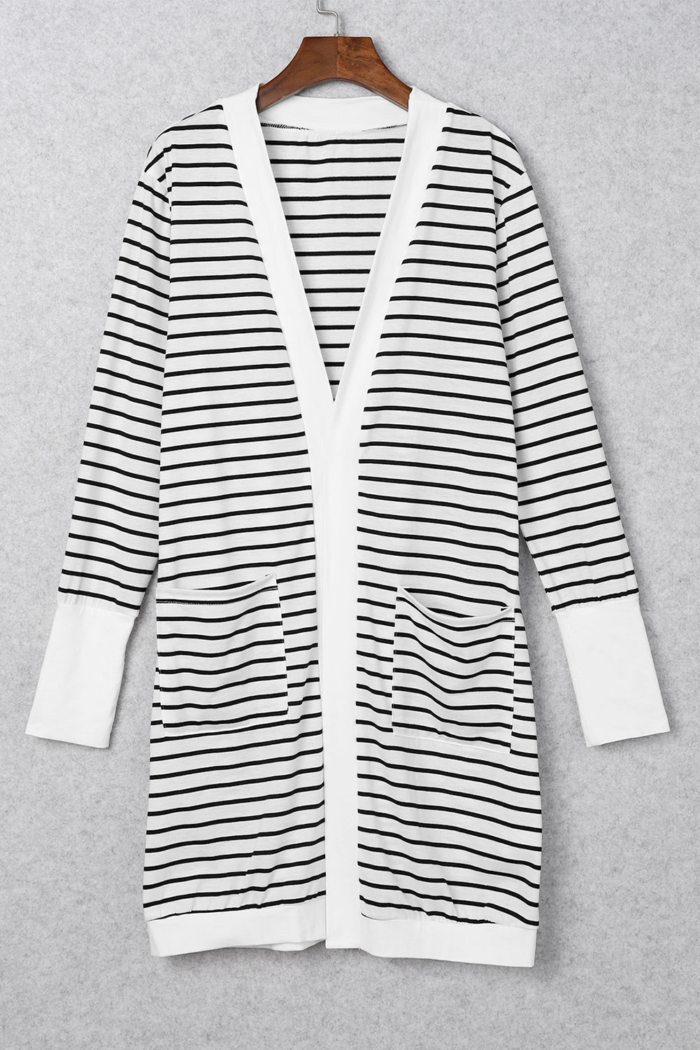 White Striped Side Pockets Open Front Cardigan