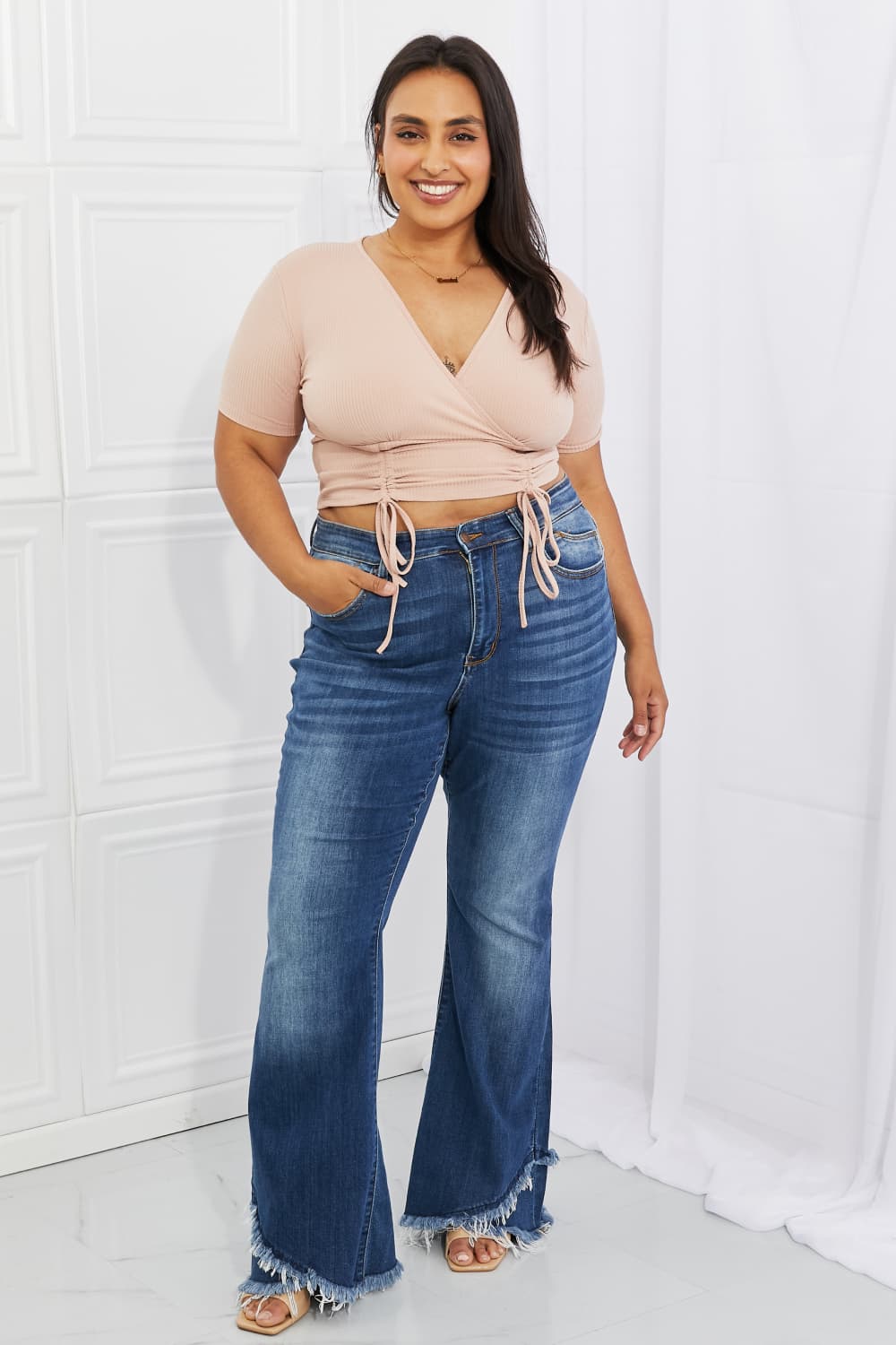 Capella Back To Simple Full Size Ribbed Front Scrunched Top in Blush