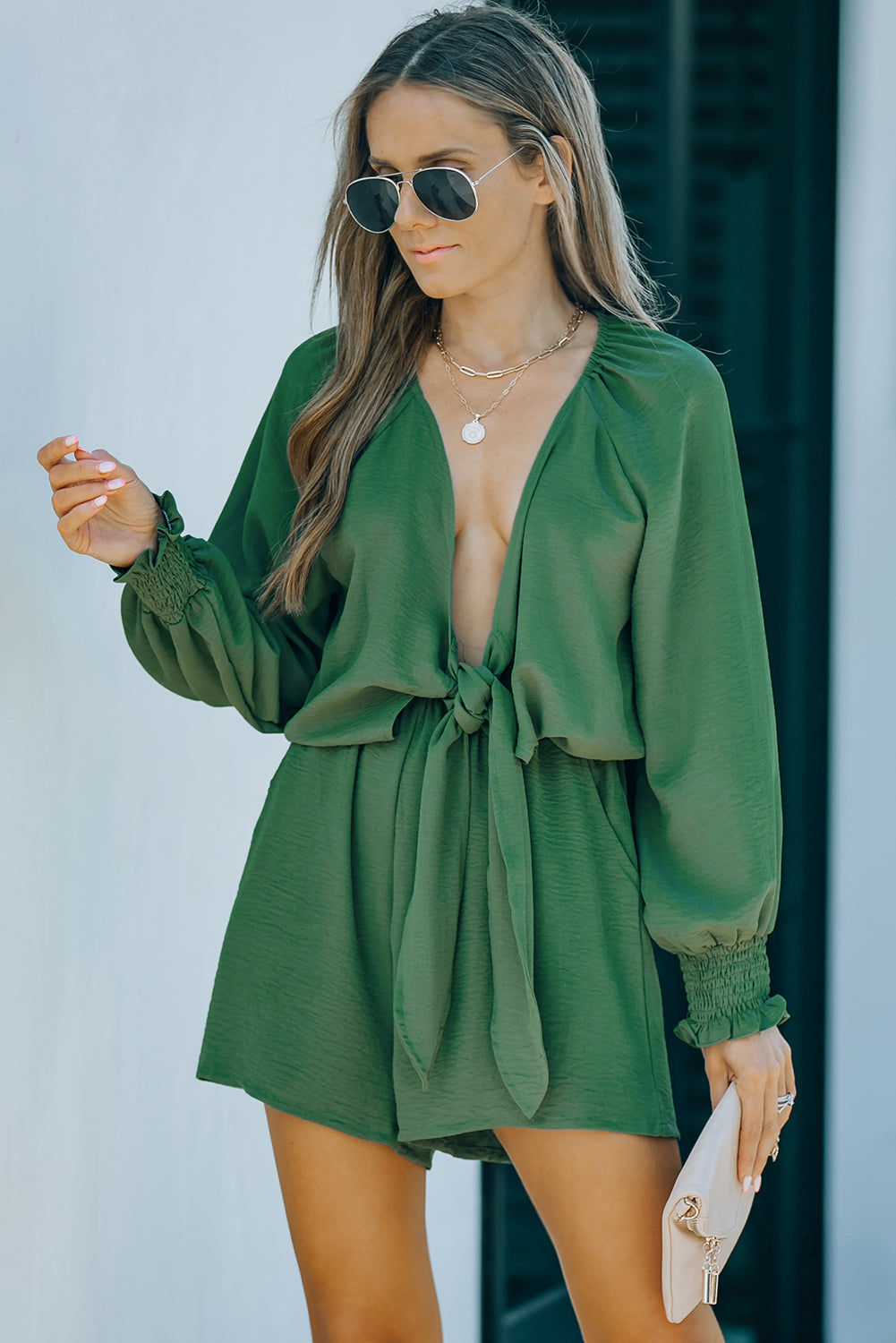 Green Tie Knot Puff Long Sleeve Romper