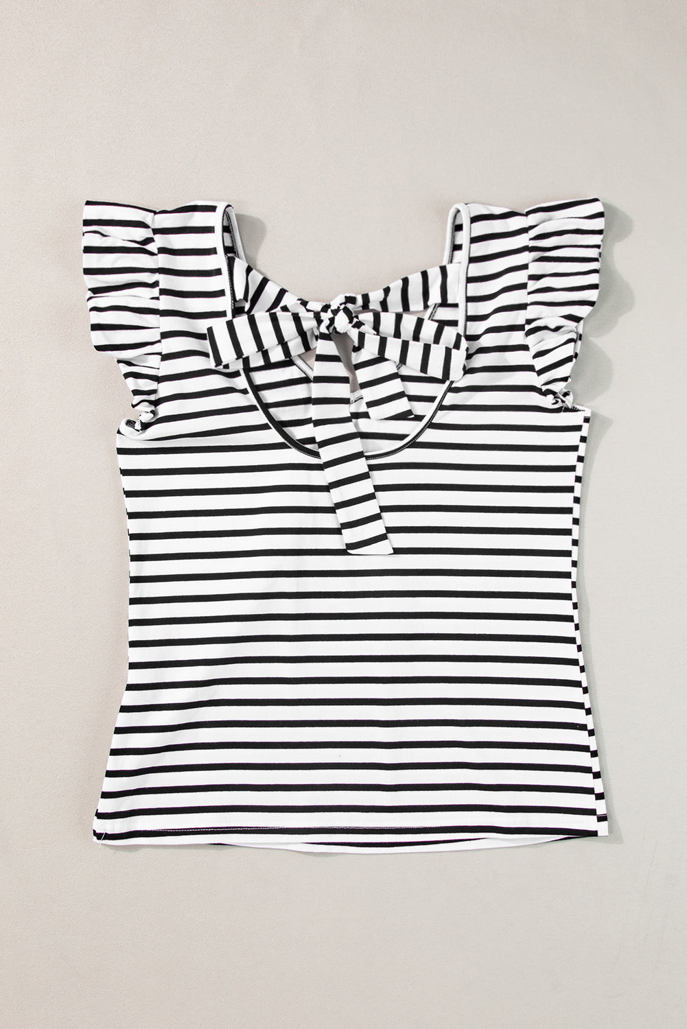 White Stripe Butterfly Sleeve V Neck Hollowed Knot Back T Shirt