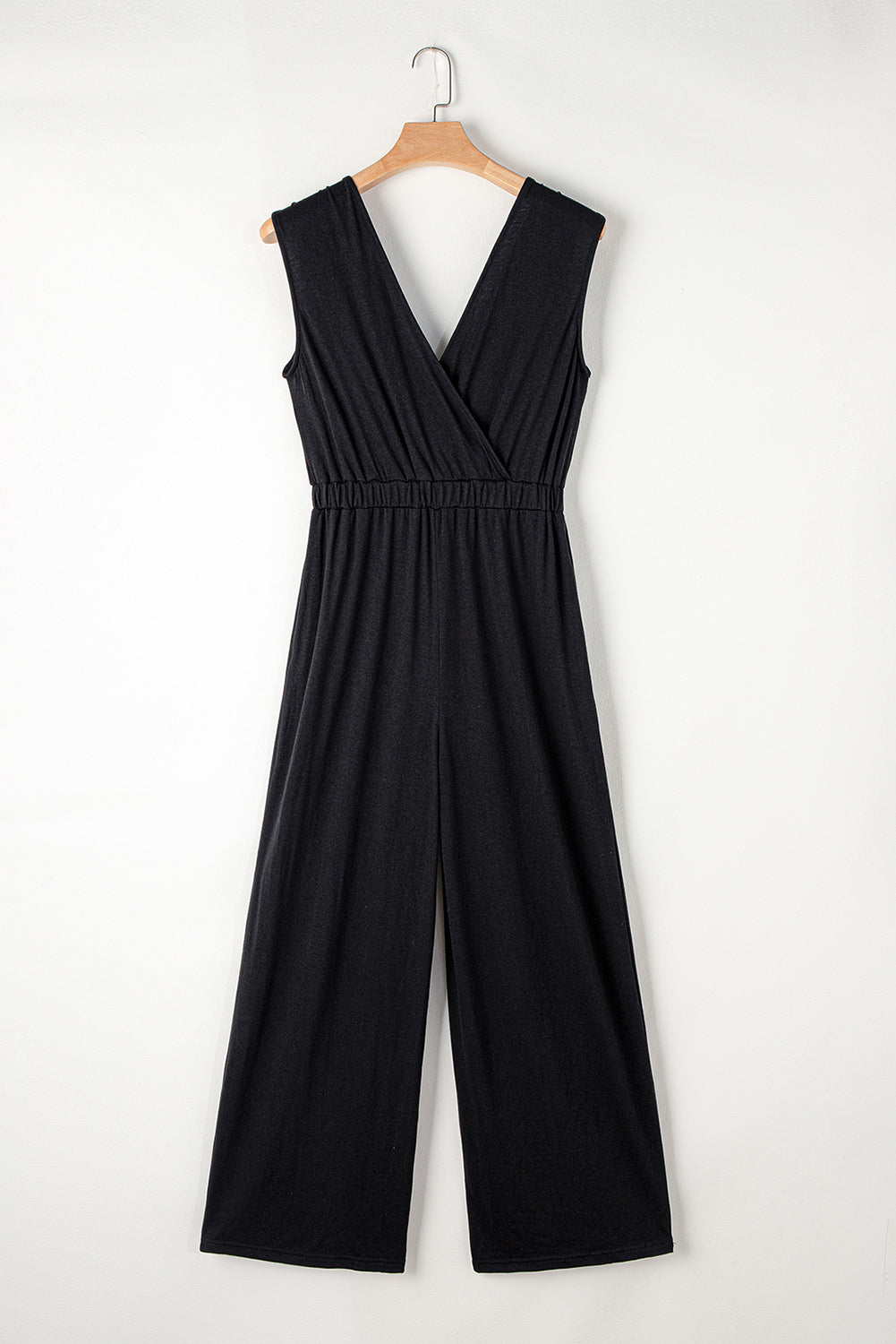 Black Deep V Pleated Crisscross Wide Leg Backless Jumpsuit