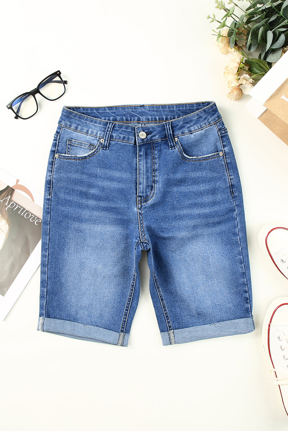 Sky Blue Acid Wash Roll-up Edge Bermuda Short Jeans