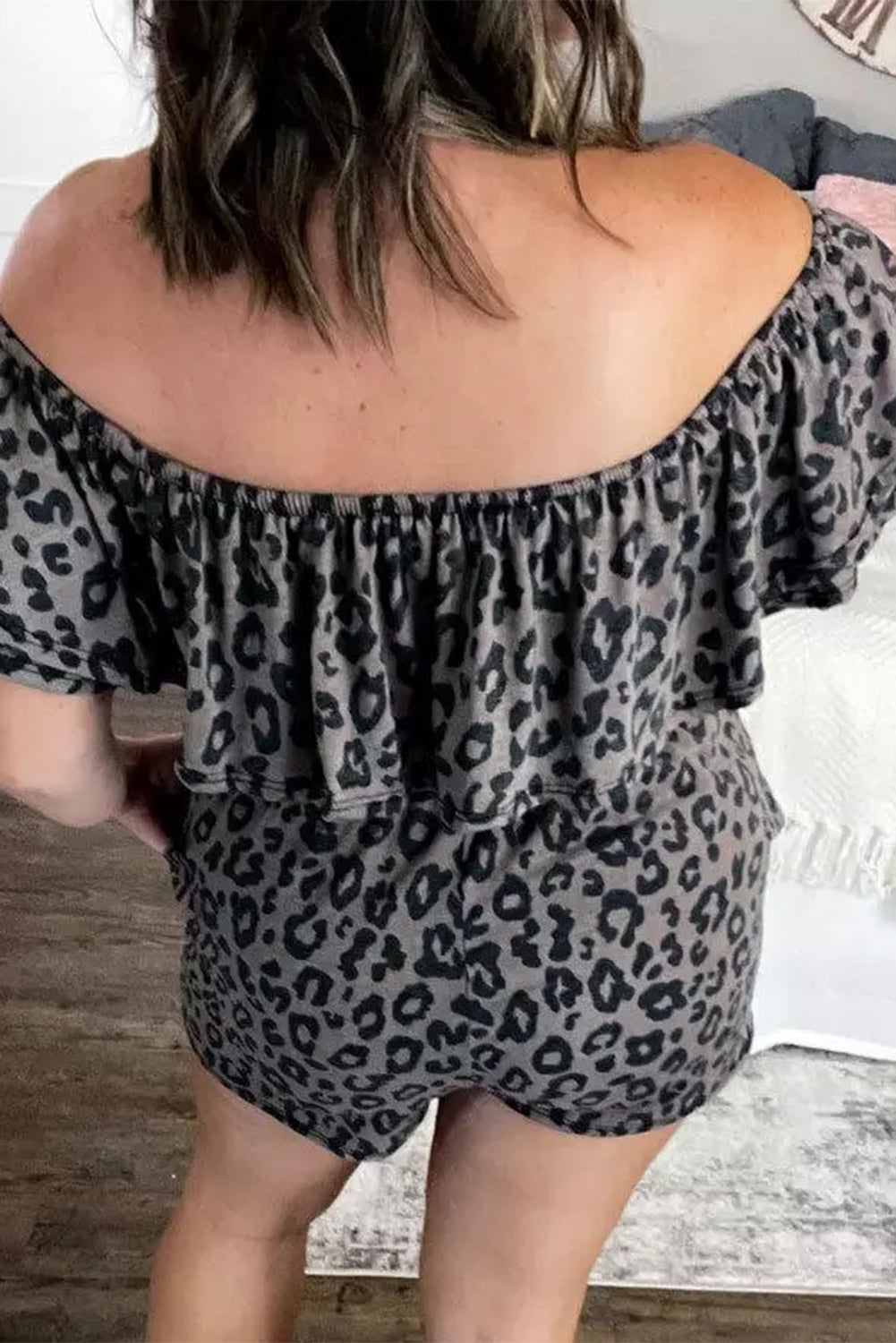 Leopard Off-Shoulder Romper with Pockets