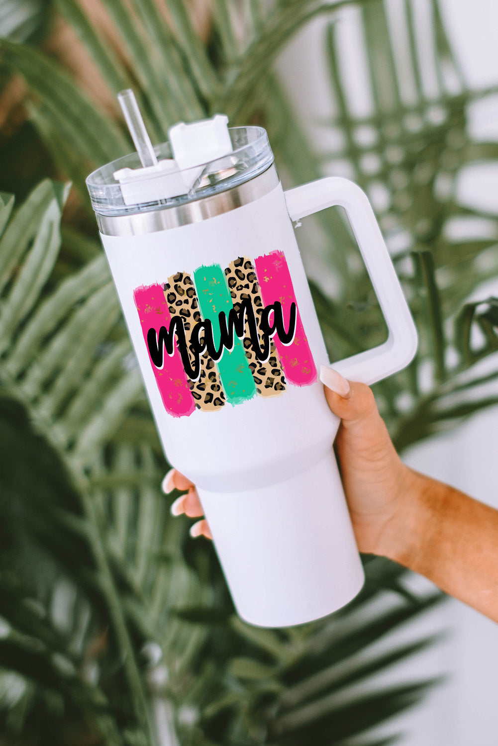 White mama Leopard Colorblock Handle Portable Cup 40oz