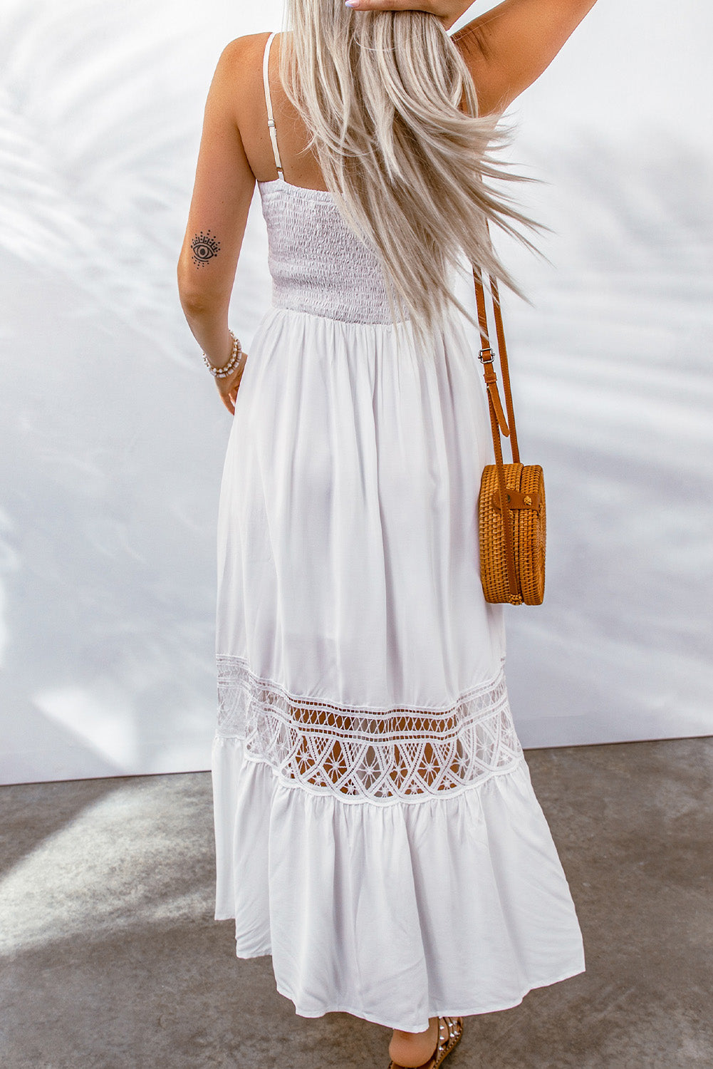 White Lace Splice Button Decor Spaghetti Strap Maxi Dress