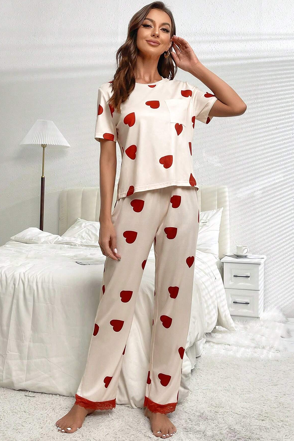 White Valentines Heart Print Lace Hem Tee Pants Pajama Set