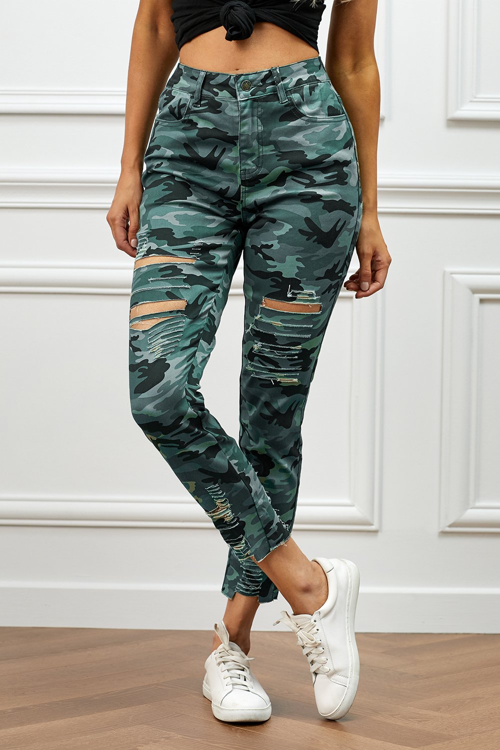 Camouflage Hollow out Skinny Jeans with Pocket