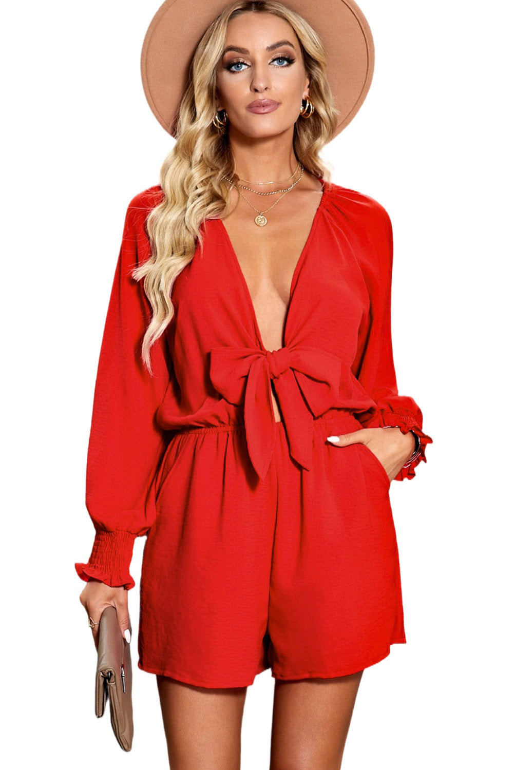 Fiery Red Tie Knot Puff Long Sleeve Romper