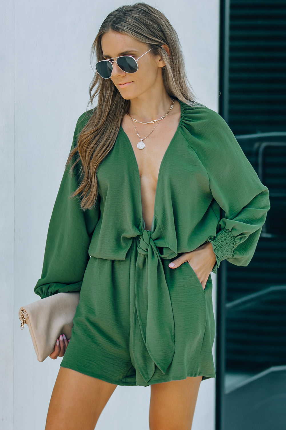 Green Tie Knot Puff Long Sleeve Romper