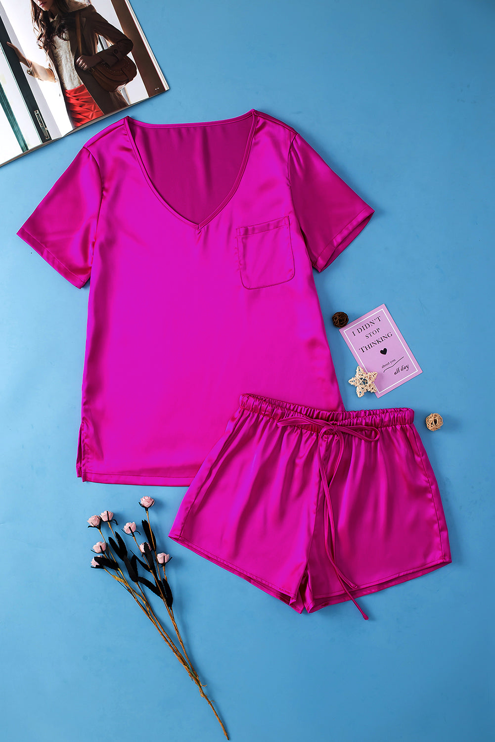 Bright Pink Satin V Neck Tee and Drawstring Shorts Set